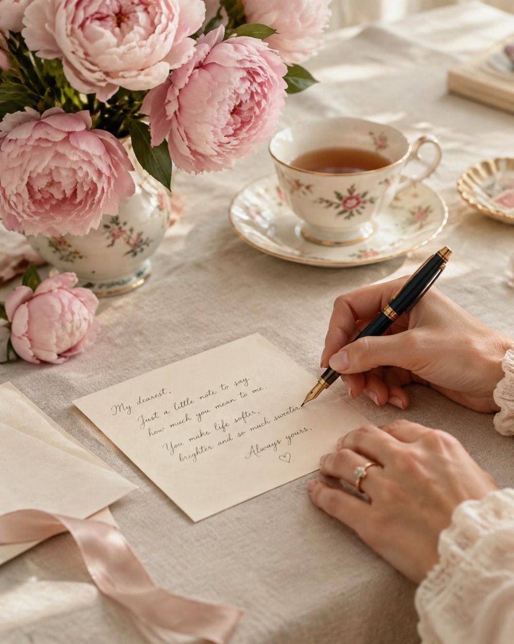 Hands writing a handwritten note beside peonies and a teacup